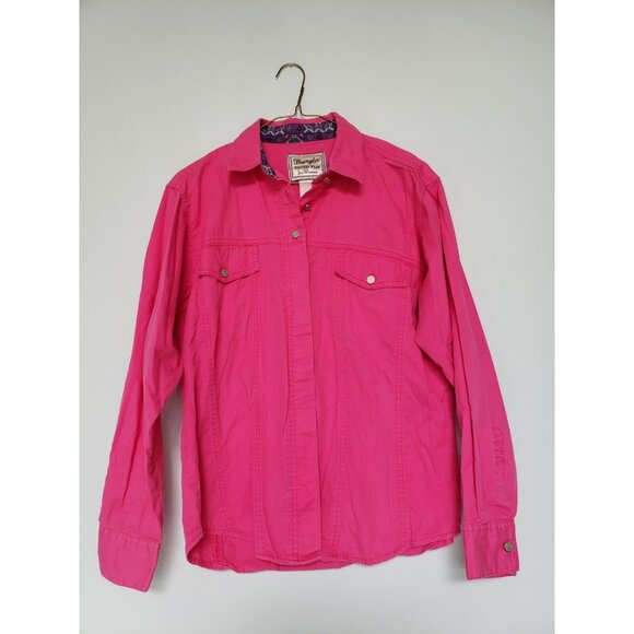 Wrangler Tops - Wrangler Womens Sz L Bright Pink Metal Button Up Shirt Long Sleeve 100% Cotton